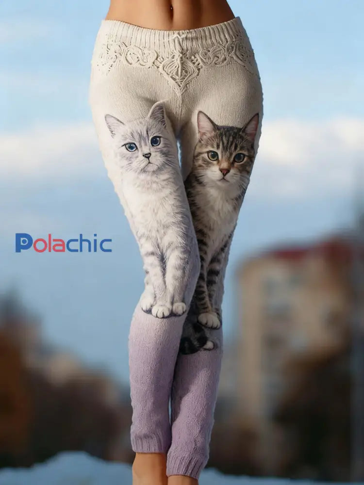 Leggings confortables en tricot d’art de chat vintage pour femmes comme image / S