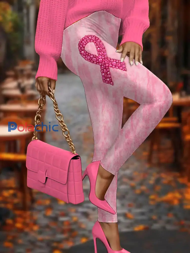 Leggings décontractés à imprimé ruban rose sensibilisation au cancer du sein pour femmes Rose / S