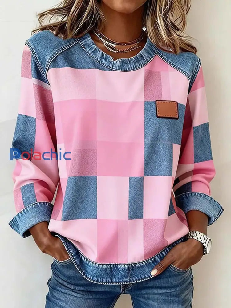 Les femmes de Contraste Couleur Plaid Motif Patchwork Art Sweatshirt comme image / S