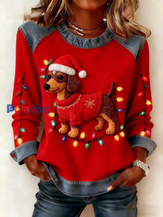 Les femmes de Noël Vintage chien Denim Patchwork Sweatshirt Rouge / S