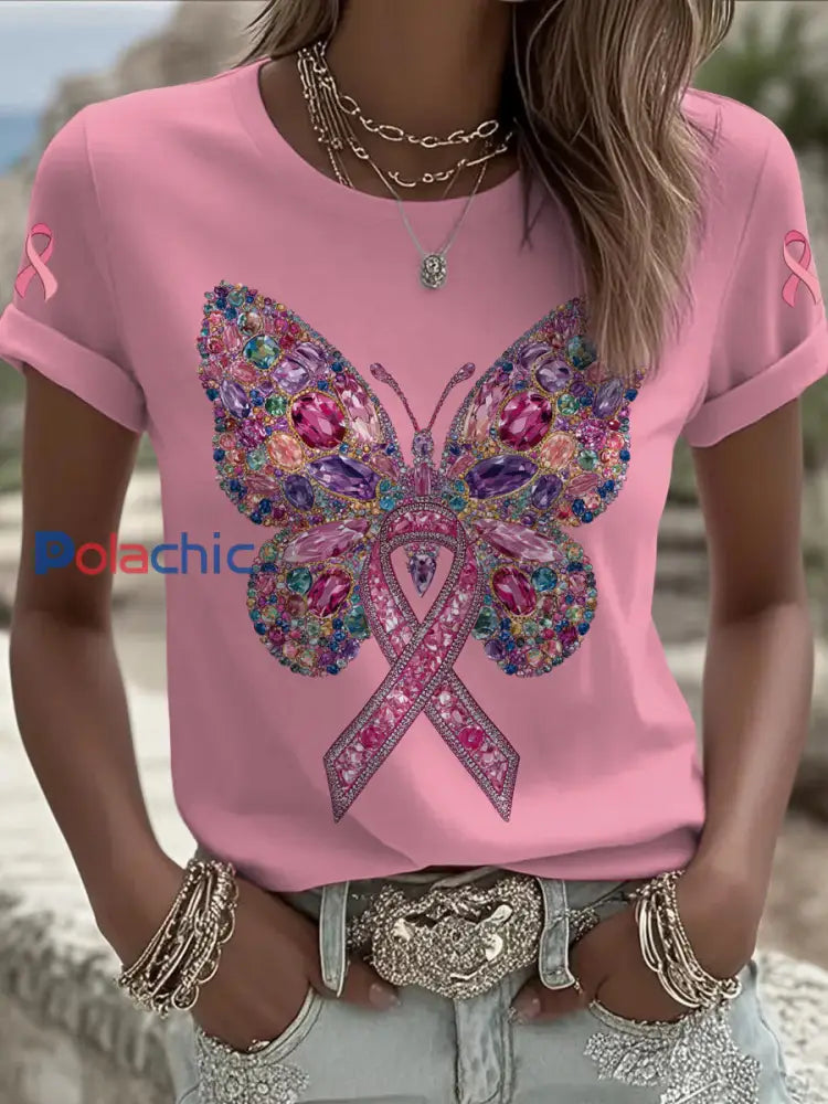 Les femmes du cancer du sein papillon imprimé mode Vintage lâche T shirt à manches courtes Rose / S