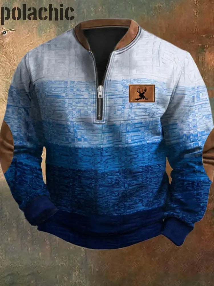 Les Hommes’s Retro Western Texture Motif Imprimer Henry Casual Extérieur Épais Sweatshirt A / S
