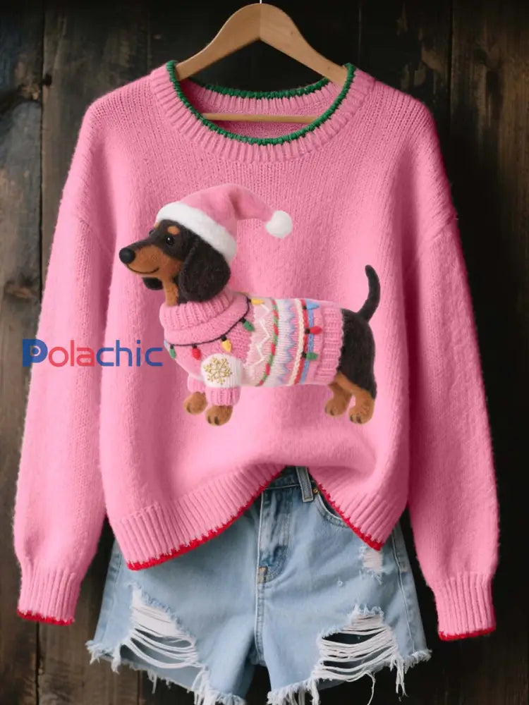Lovely Christmas Teckel Felt Art Pull en tricot confortable pour femmes Rose / S
