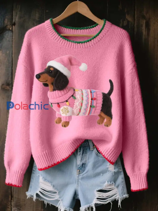 Lovely Christmas Teckel Felt Art Pull en tricot confortable pour femmes Rose / S