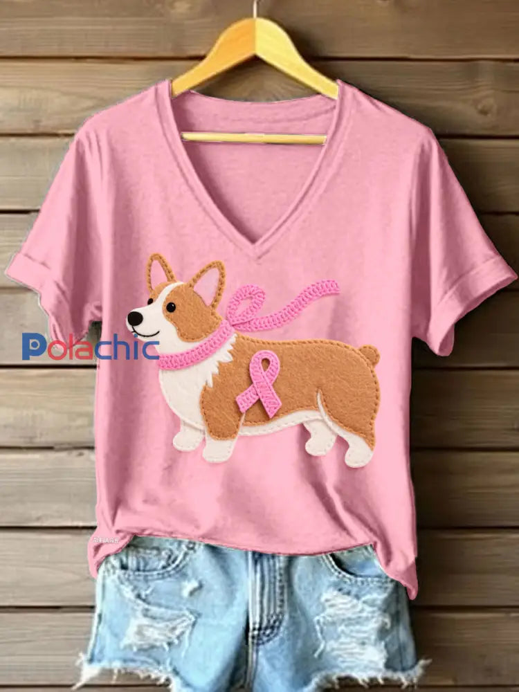 Lovely Corgi Motif Feutre Art V-Neck T-Shirt Femme Rose / S