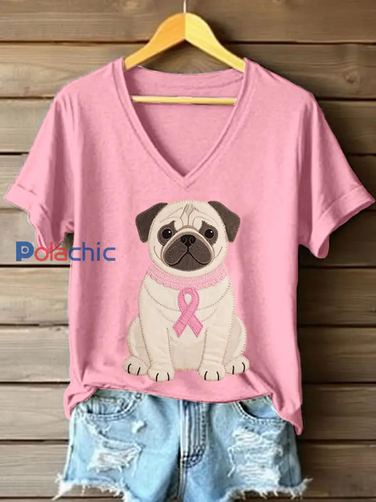 Lovely Pug Patchwork Art V-Neck T-Shirt des femmes Rose / S