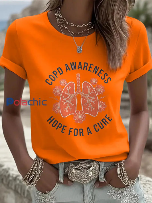 Maladie pulmonaire obstructive chronique des femmes imprimé mode Vintage lâche T-shirt à manches courtes Orange / S