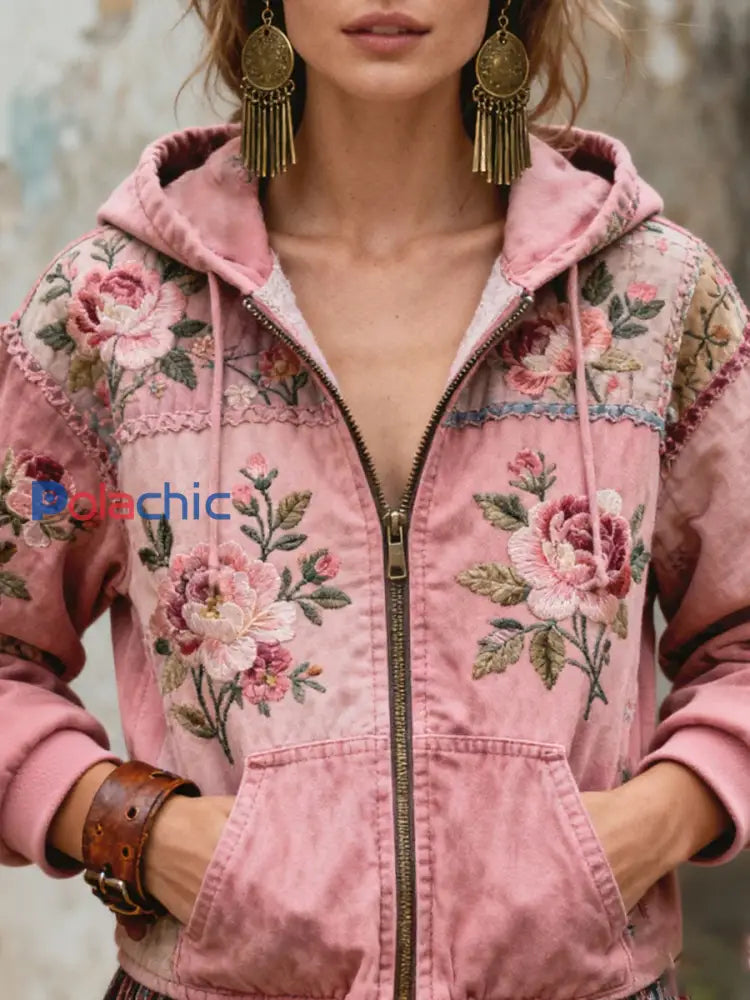 Manteau zippé imprimé floral sensibilisation au cancer du sein pour femmes Rose / S