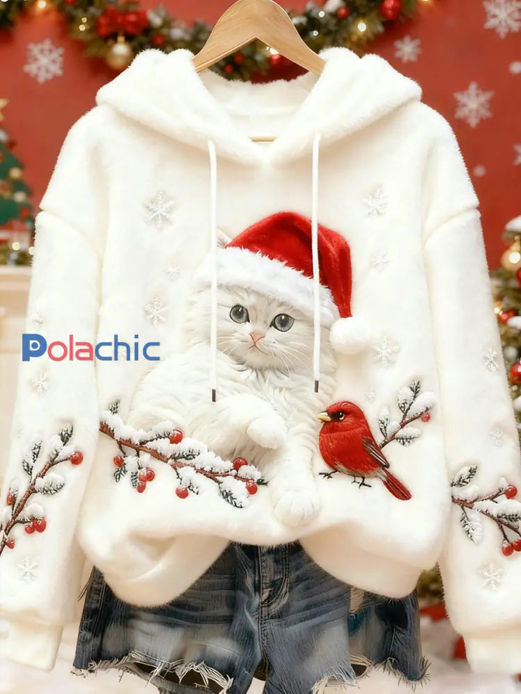 Mignon de Noël Cat Art Print Casual Flanelle Hoodie des femmes Blanc / S