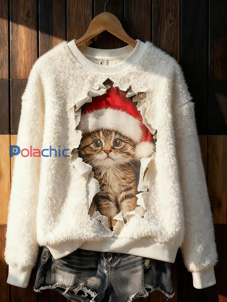 Mignon Noël Chat Art Imprimer Flanelle Casual Sweatshirt Blanc / S