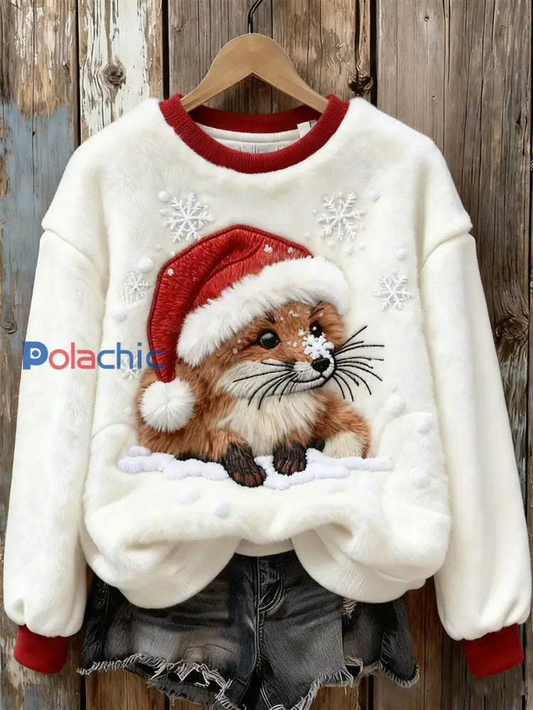 Mignon Noël Fox Art Imprimer Flanelle Casual Sweatshirt des femmes Blanc / S