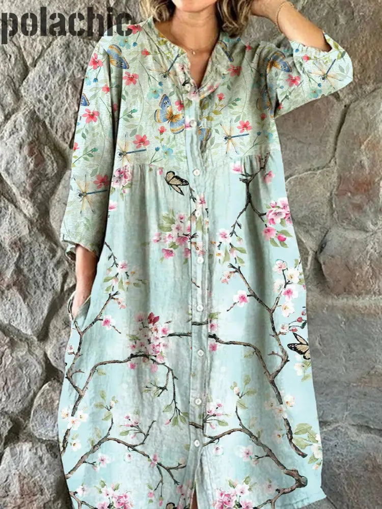 Mode Élégante Art Print V-Cou Manches Trois-Quarts Robe De Midi Des Femmes A / S