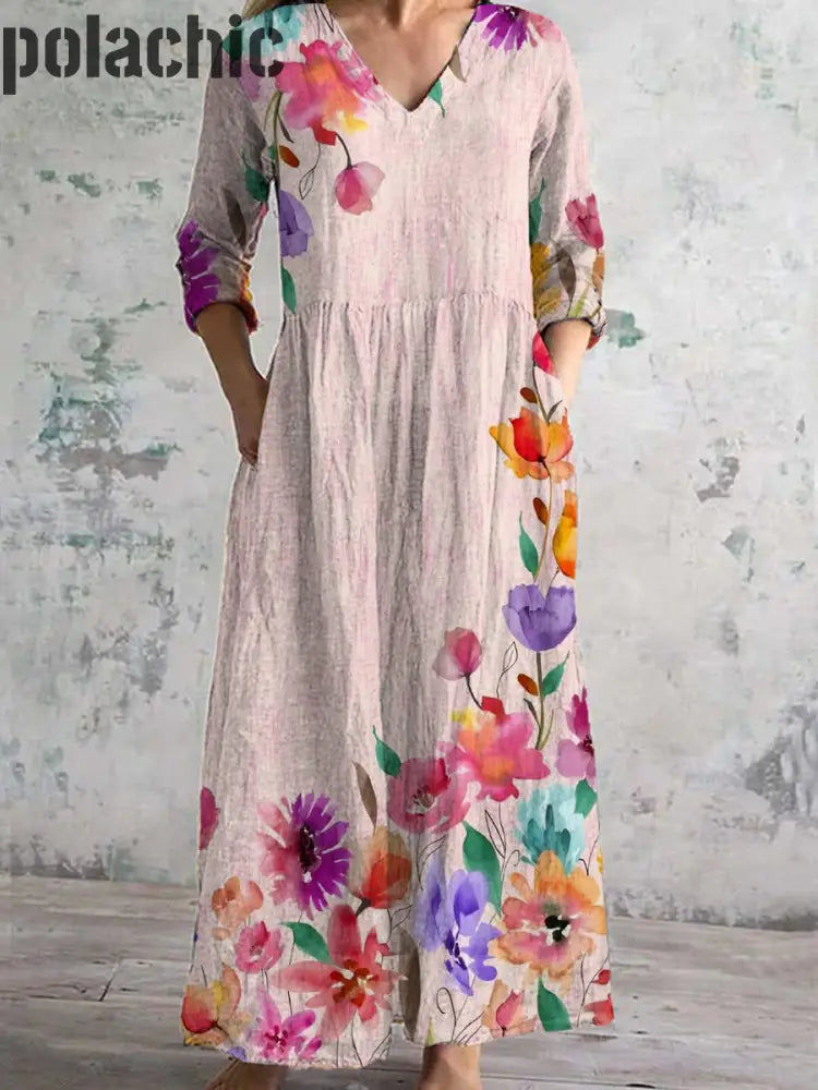 Mode Élégante Art Print V-Cou Robe Longue À Manches Trois-Quarts Des Femmes A / S