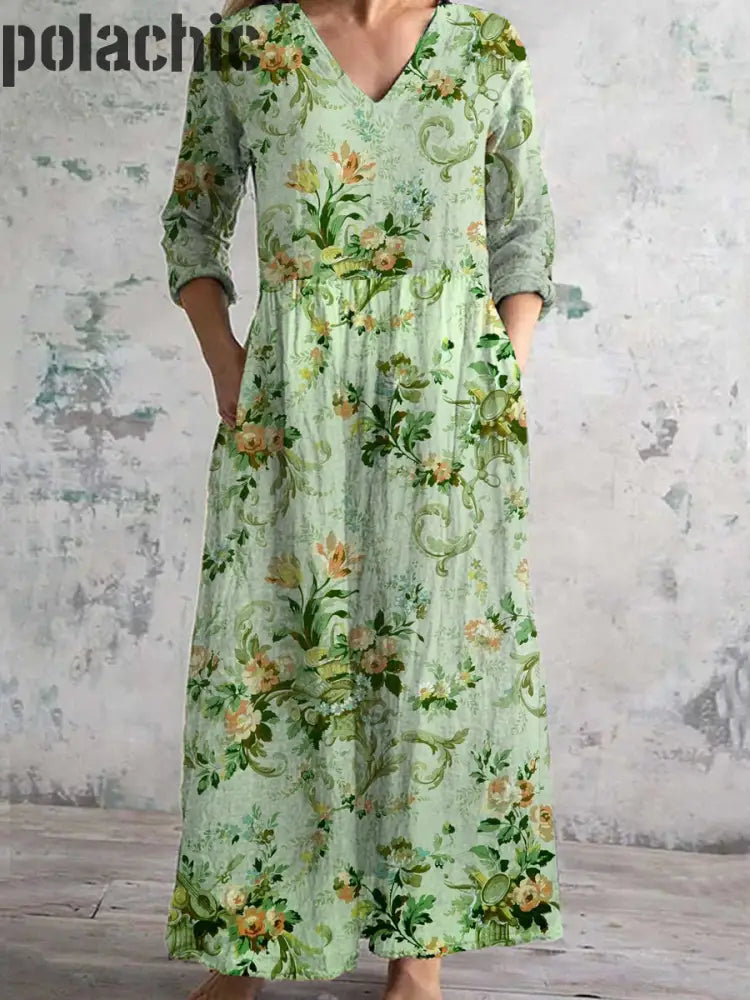 Mode Élégante Art Print V-Cou Robe Longue À Manches Trois-Quarts Des Femmes A / S