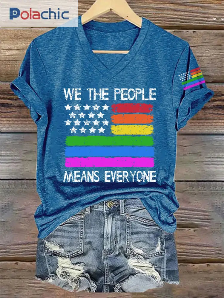 Mois de fierté des femmes arc-en-ciel drapeau américain imprimé décontracté col en V Tee Bleu / S