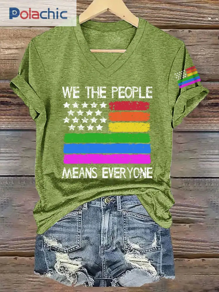 Mois de fierté des femmes arc-en-ciel drapeau américain imprimé décontracté col en V Tee Vert / S