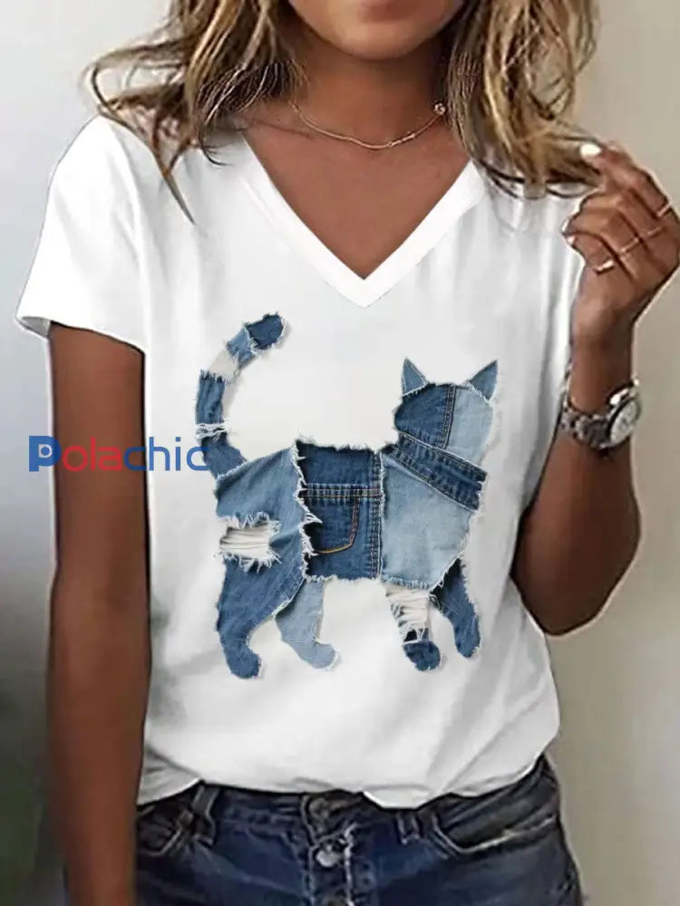 Motif de chat mignon Patchwork Art V-Neck T-Shirt des femmes Blanc / S