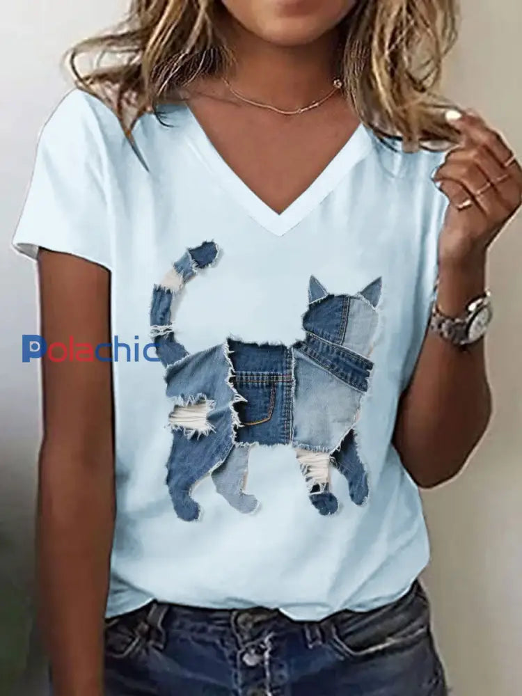 Motif de chat mignon Patchwork Art V-Neck T-Shirt des femmes Bleu Ciel / S