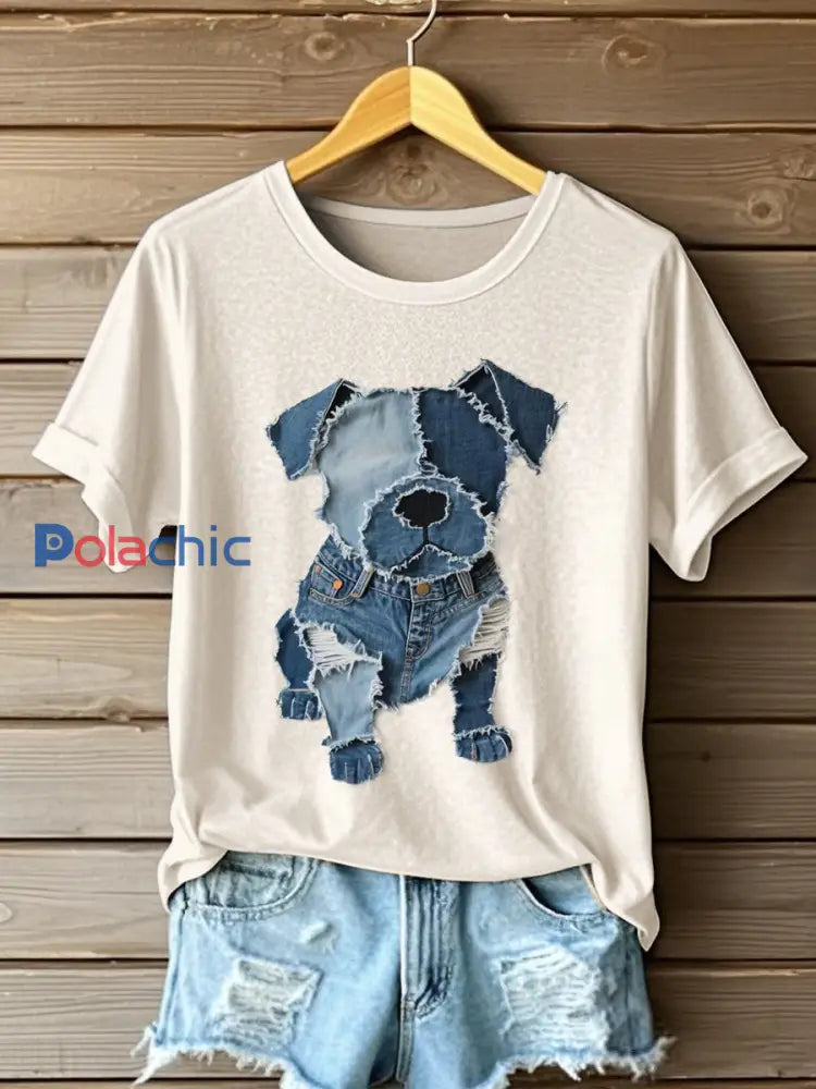 Motif de chien Denim Patchwork Art T-Shirt des femmes abricot / S