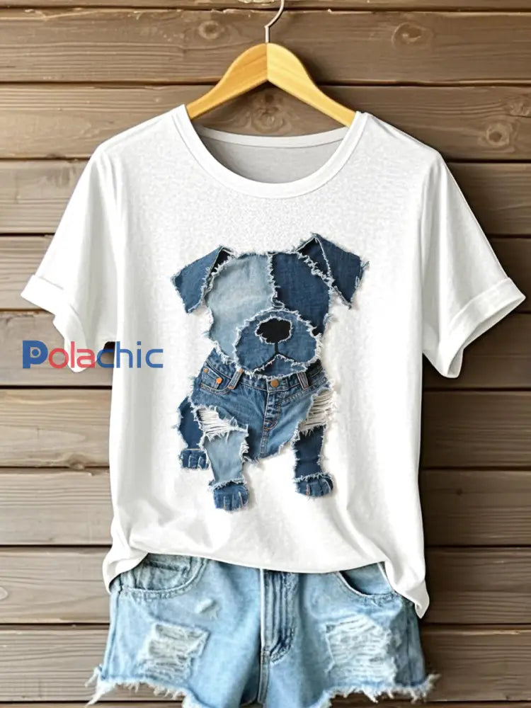 Motif de chien Denim Patchwork Art T-Shirt des femmes blanc / S