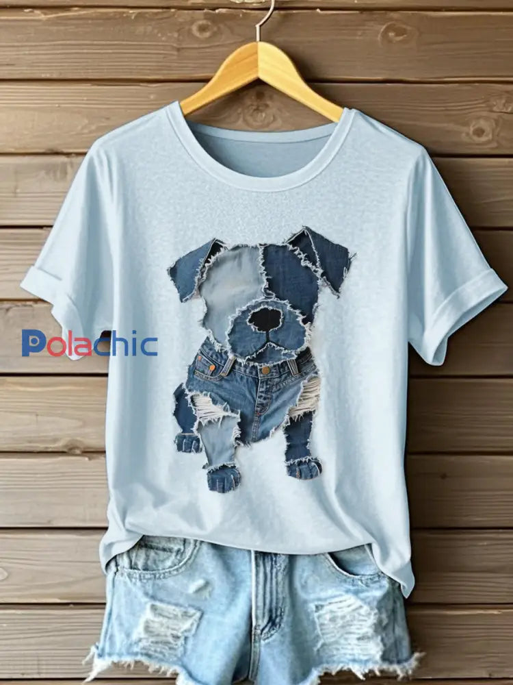 Motif de chien Denim Patchwork Art T-Shirt des femmes bleu clair / S