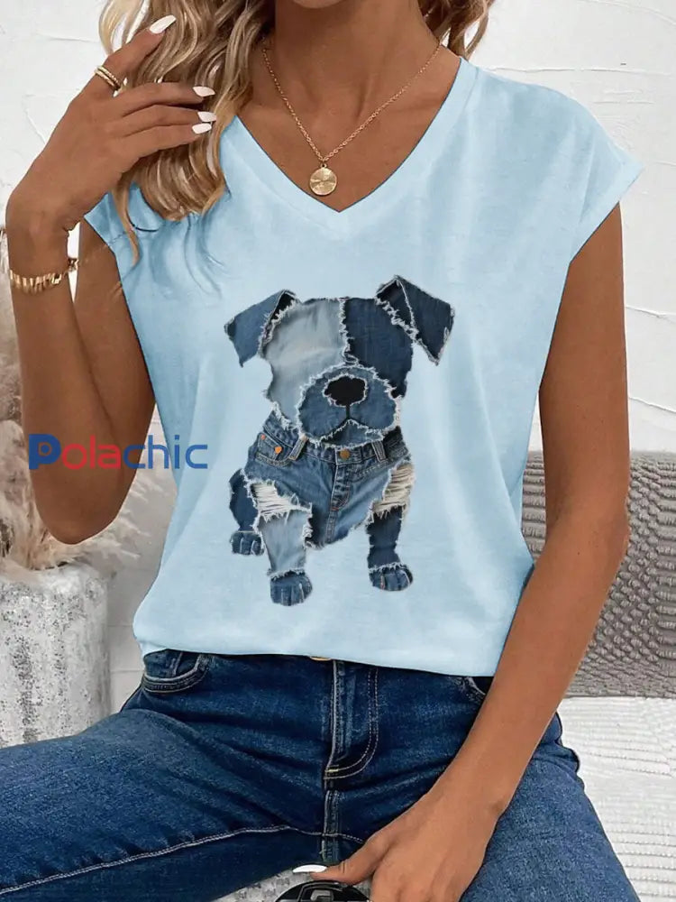 Motif de chien mignon Patchwork Art Tank Top des femmes Bleu Clair / S