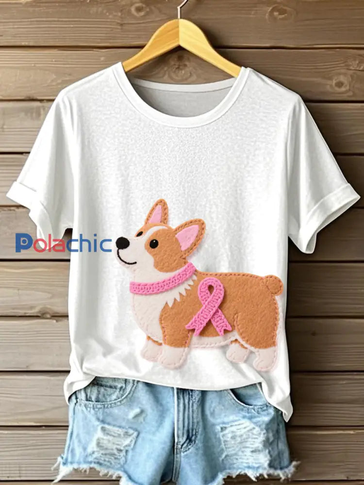 Motif de Corgi mignon feutre Art T Shirt des femmes Blanc / S