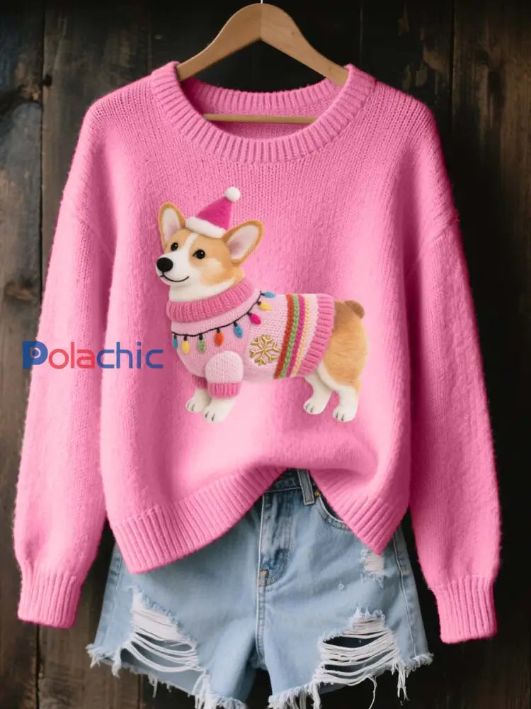 Noël Corgi chien feutre Art confortable tricot pull femme Rose / S