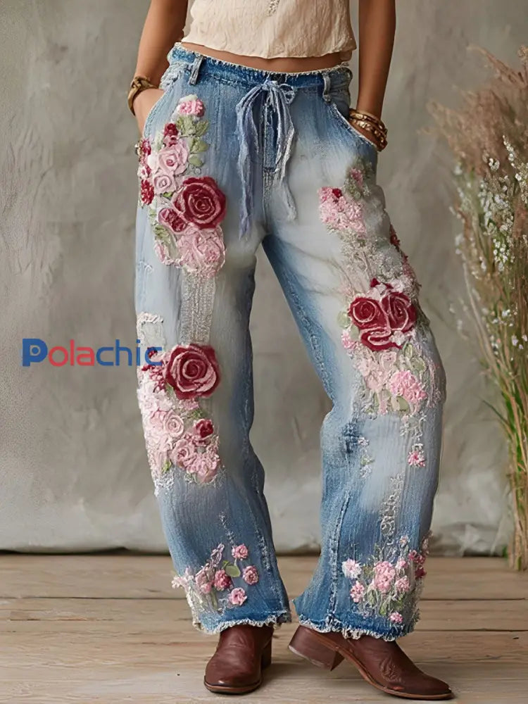 Pantalon décontracté à fleurs rose cancer du sein pour femmes Bleu / S