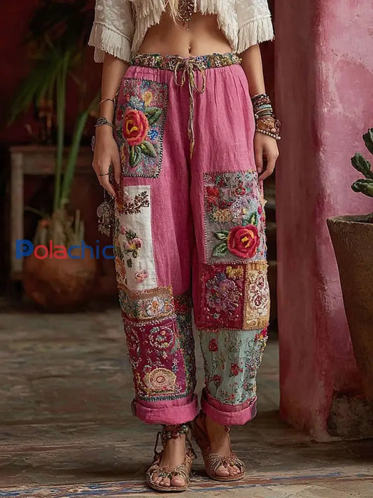 Pantalon décontracté à fleurs rose cancer du sein pour femmes Rose / S
