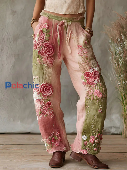 Pantalon décontracté à fleurs rose cancer du sein pour femmes Rose / S