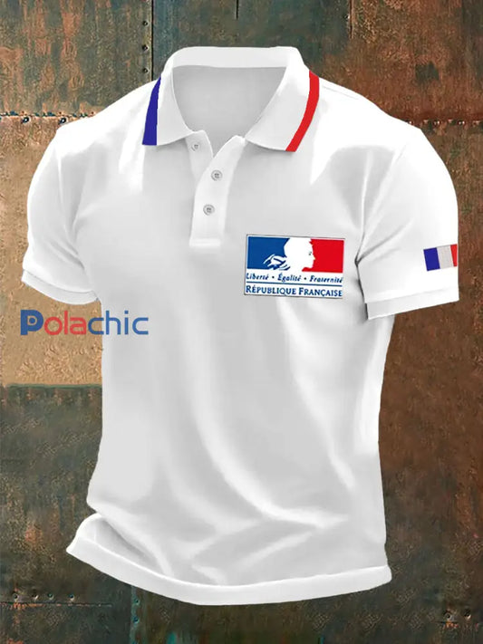 Polo à imprimé France Liberty Equality Fraternity pour homme Blanc / S