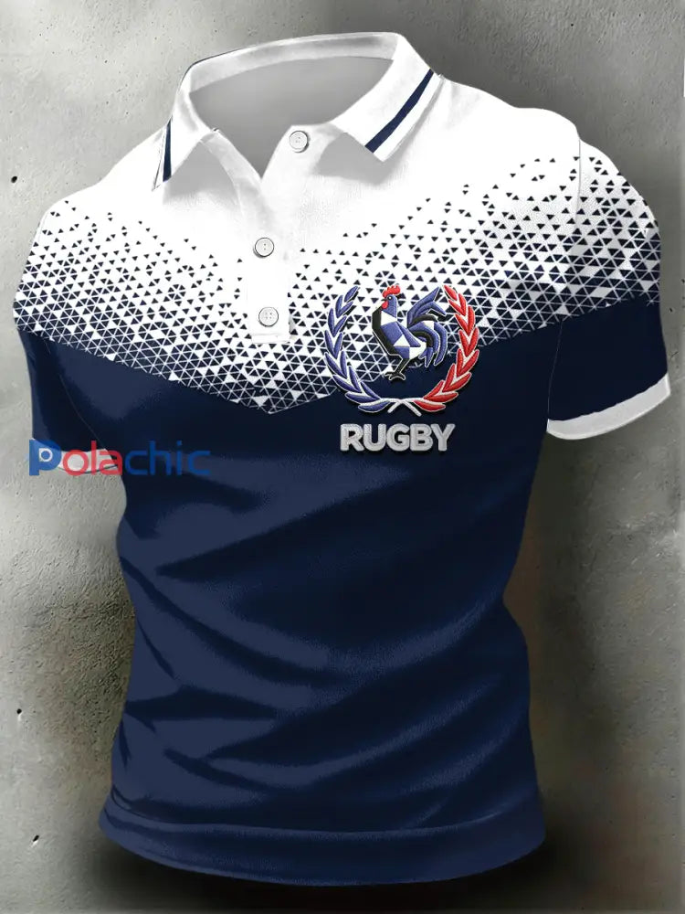 Polo décontracté à imprimé de rugby coq français pour hommes Bleu Marine / S