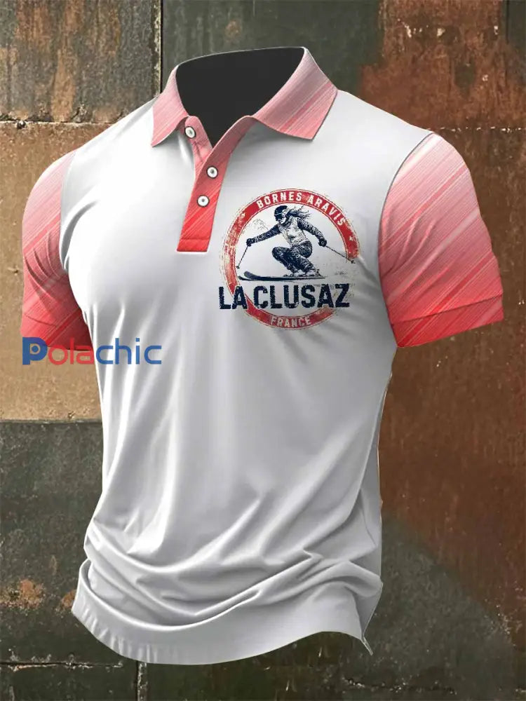 Polo Décontracté À Imprimé Ski Français Rétro Pour Homme comme image / S