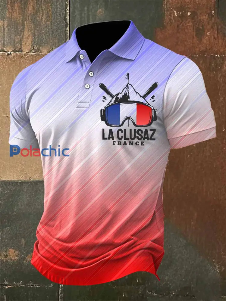 Polo Décontracté À Imprimé Ski Français Rétro Pour Homme comme image / S
