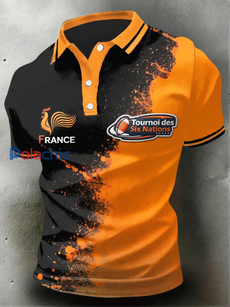 Polo en jersey décontracté France Six Nations Rugby imprimé noir et orange pour homme Noir Orange / S