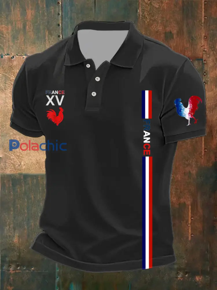 Polo imprimé France XV Le Coq Gaulois pour homme Noir / S