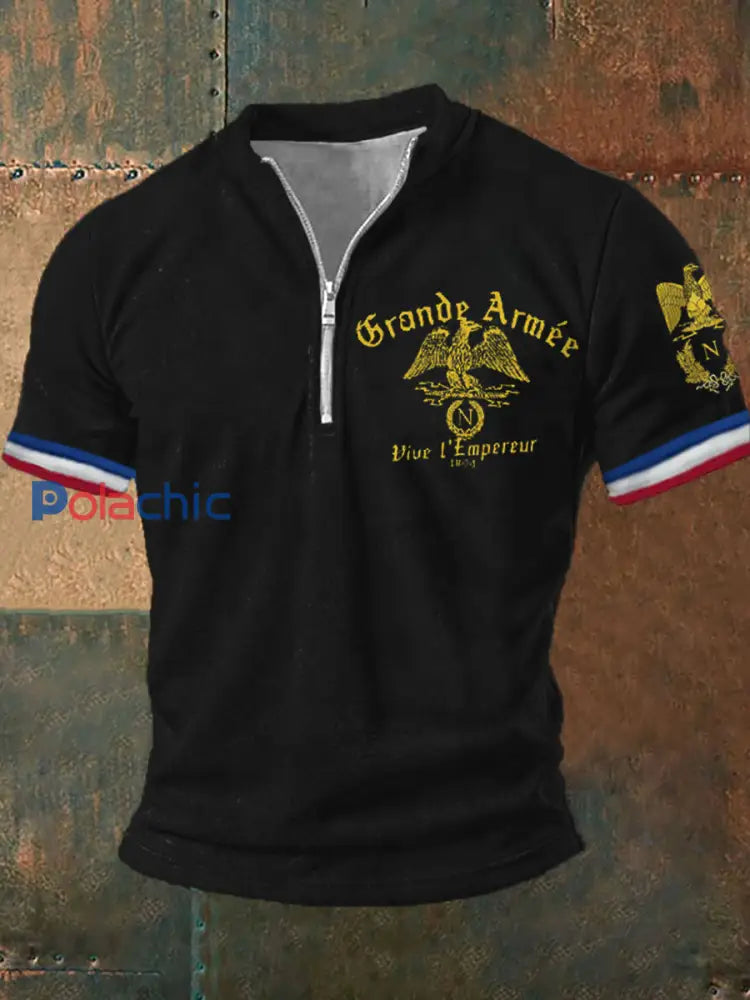Polo manches courtes zippé Grande Armée Print pour homme Noir / S