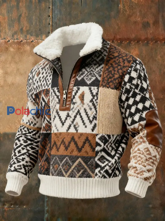 Pull à col en fourrure décontracté imprimé rétro tricoté pour hommes Marron / S