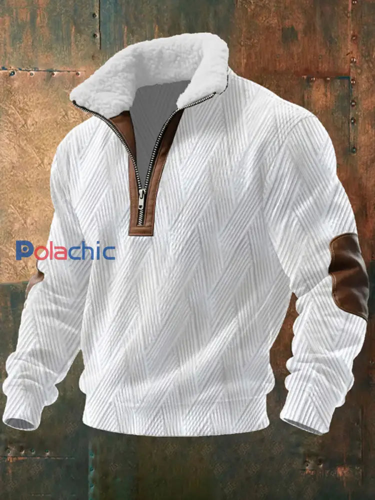 Pull à fermeture éclair en tissu jacquard vintage pour hommes Blanc / S