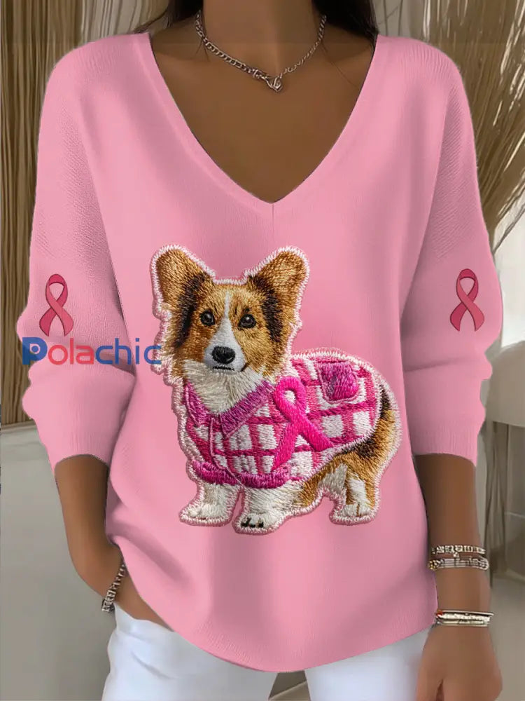 Pull col en V imprimé cancer du sein pour femmes Rose / S