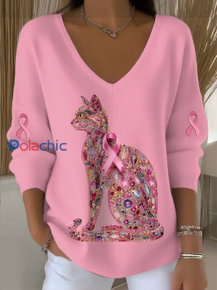 Pull col en V en tricot à imprimé chat pour femmes Rose / S