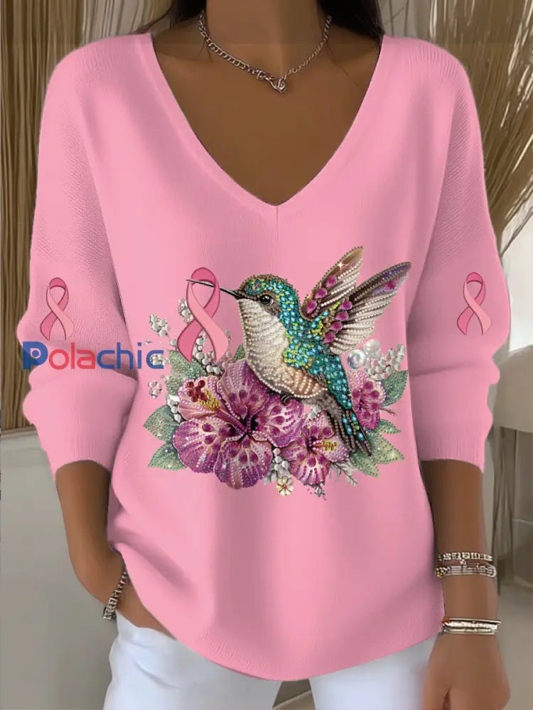 Pull col en V en tricot à imprimé oiseau cancer du sein pour femmes Rose / S