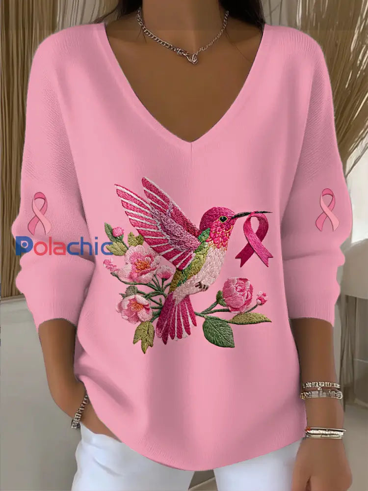 Pull col en V en tricot à imprimé oiseau cancer du sein pour femmes Rose / S