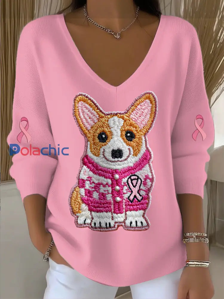 Pull col en V en tricot imprimé chien du cancer du sein pour femmes Rose / S
