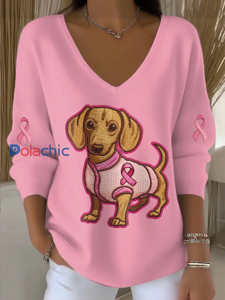 Pull col en V en tricot imprimé chien du cancer du sein pour femmes Rose / S