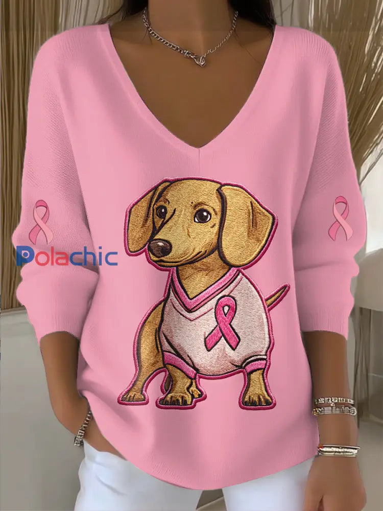 Pull col en V en tricot imprimé chien du cancer du sein pour femmes Rose / S