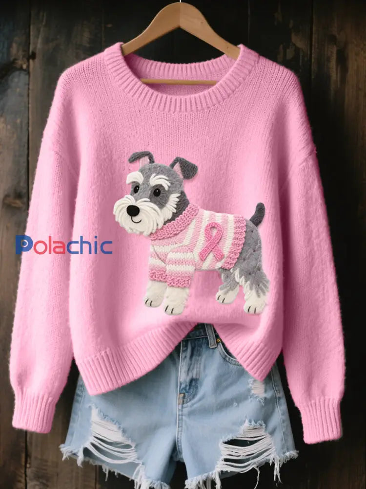 Pull confortable en tricot à motif chien Schnauzer Art pour femme Rose / S