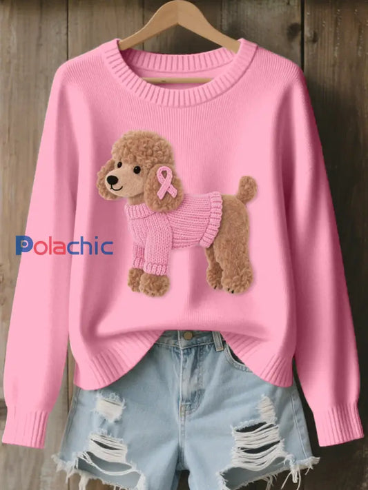 Pull confortable en tricot à motif de chien de caniche pour femmes Rose / S