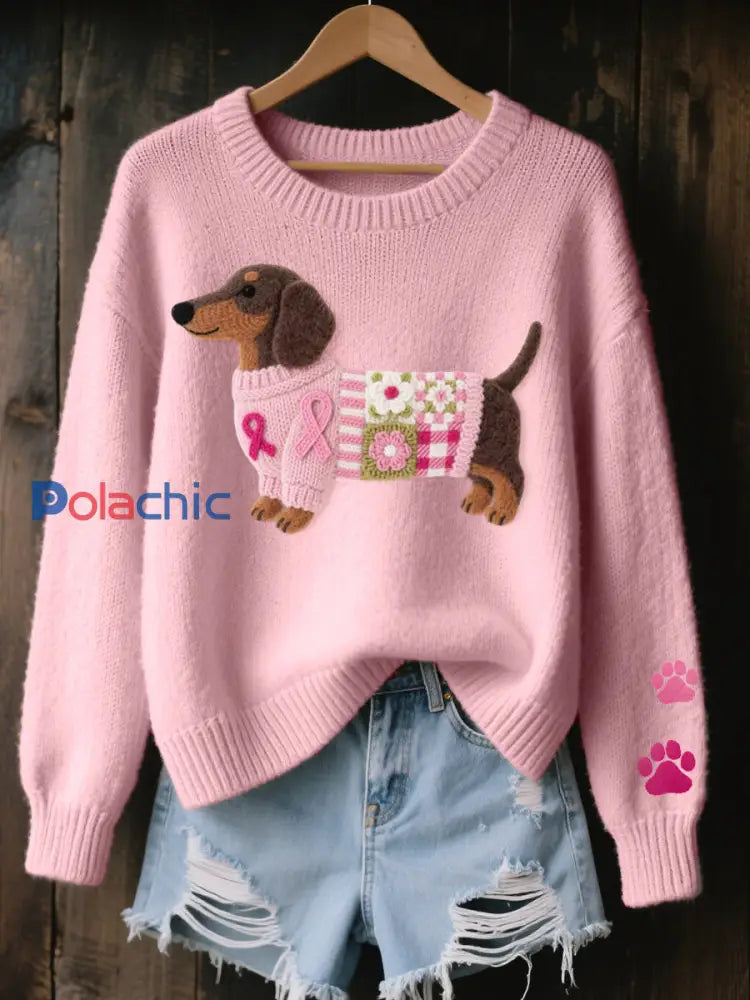 Pull confortable en tricot à motif de teckel Art en feutre de laine pour femmes Rose / S